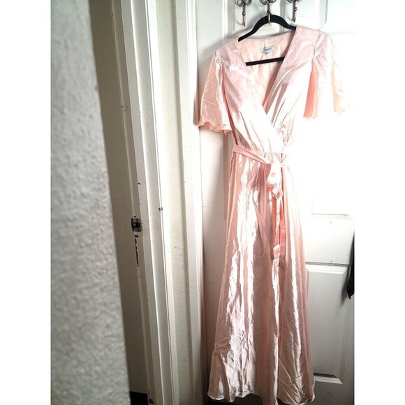 Hebeos  Inspired Light Pink Satin Maxi Wrap Dress With Flutter Sleeves & Waist T - Picture 2 of 13